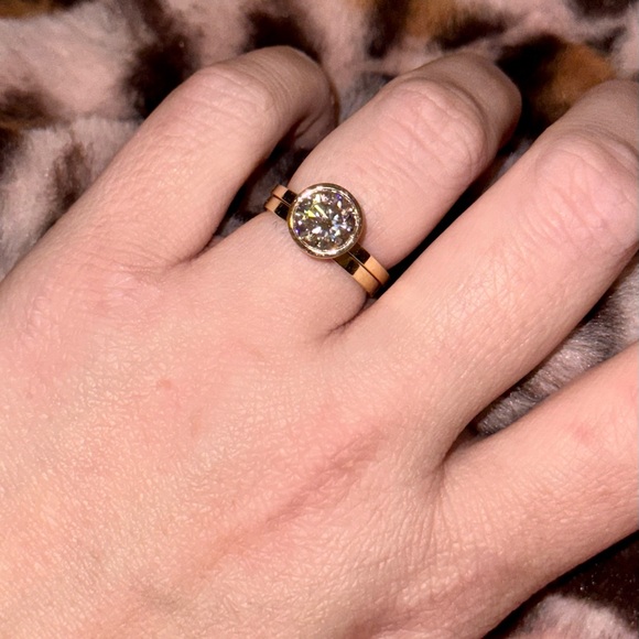 8.0 MM Round Bezel Yellow Gold Moissanite Wedding Set - Picture 3 of 10